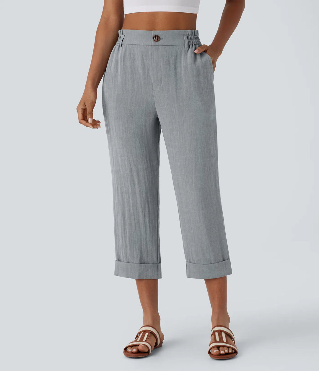 Pantalon capri effet lin taille haute avec poches zippées