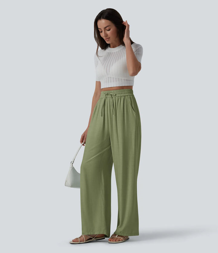 Pantalon casual large mélange lin taille haute avec cordon de serrage et poches