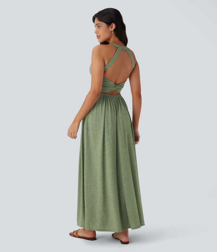 Robe longue fluide fendue avec poches latérales, dos nu et effet torsadé