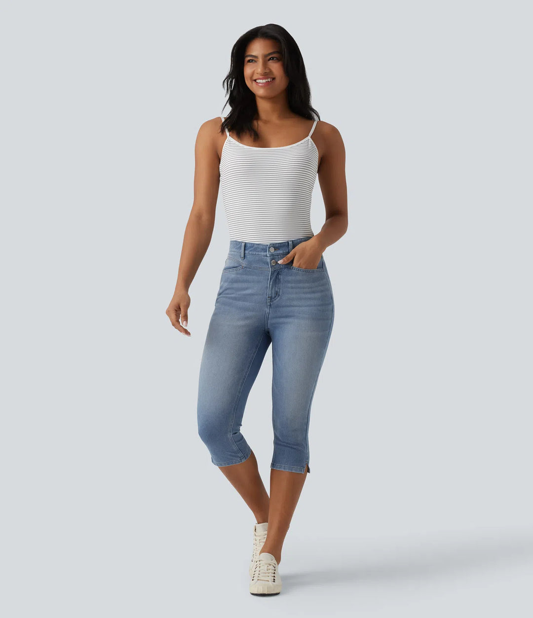 Jean slim casual capri taille haute avec fentes et poches