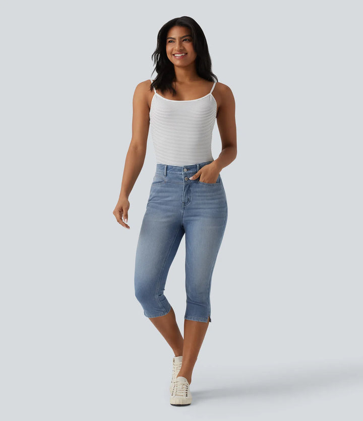 Jean slim casual capri taille haute avec fentes et poches