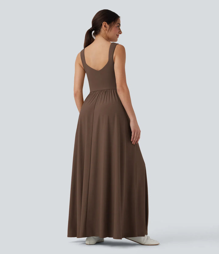 Robe maxi casual fluide dos nu, avec brassière intégrée et poches