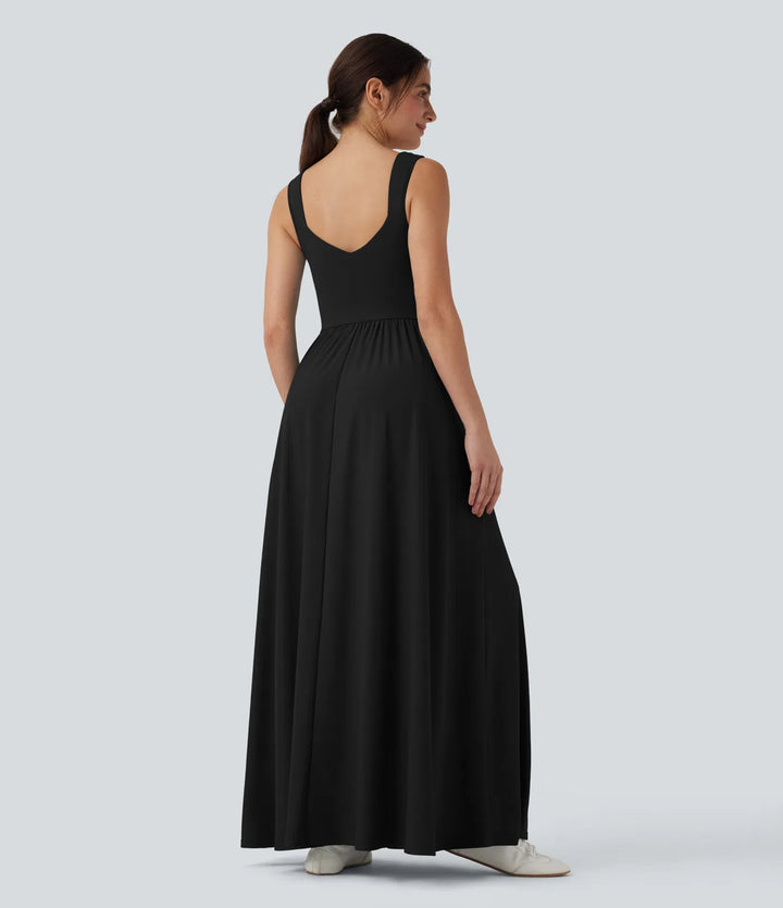 Robe maxi casual fluide dos nu, avec brassière intégrée et poches