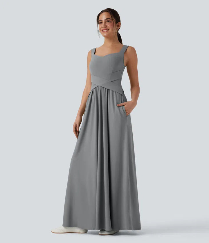 Robe maxi casual fluide dos nu, avec brassière intégrée et poches