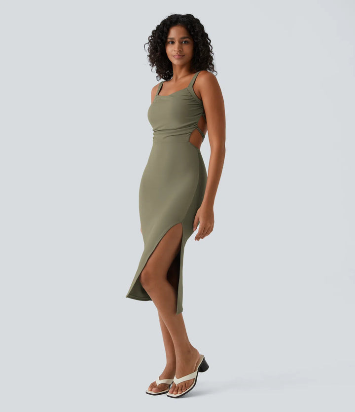 Robe midi casual laquée fendue, brassière intégrée, dos nu croisé
