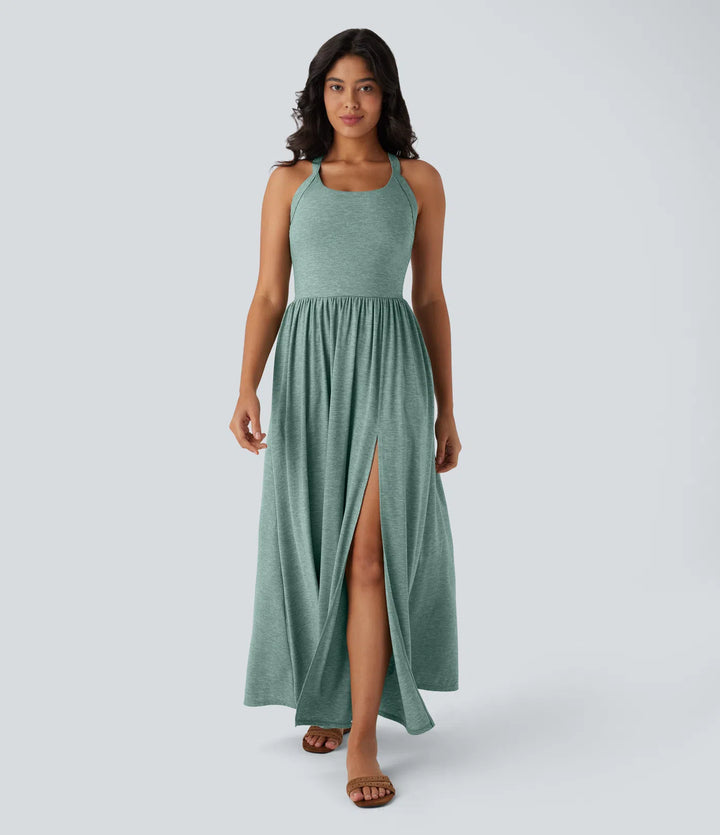 Robe longue fluide fendue avec poches latérales, dos nu et effet torsadé