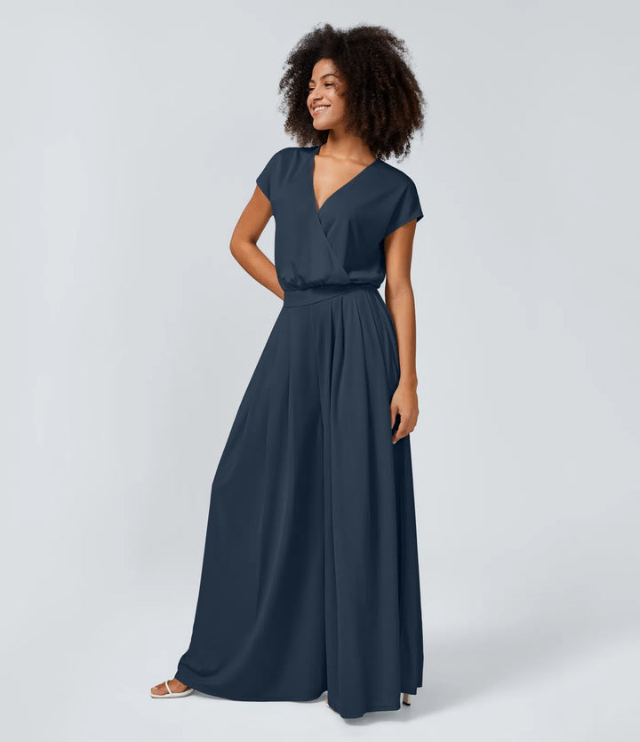Combinaison Casual Col en V Jambes Large Plissée Manches Courtes Poche Latérale Gaufrée Fluide
