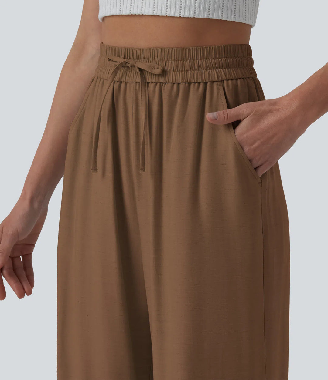 Pantalon casual large mélange lin taille haute avec cordon de serrage et poches