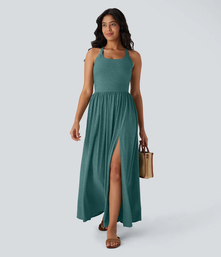 Robe longue fluide fendue avec poches latérales, dos nu et effet torsadé