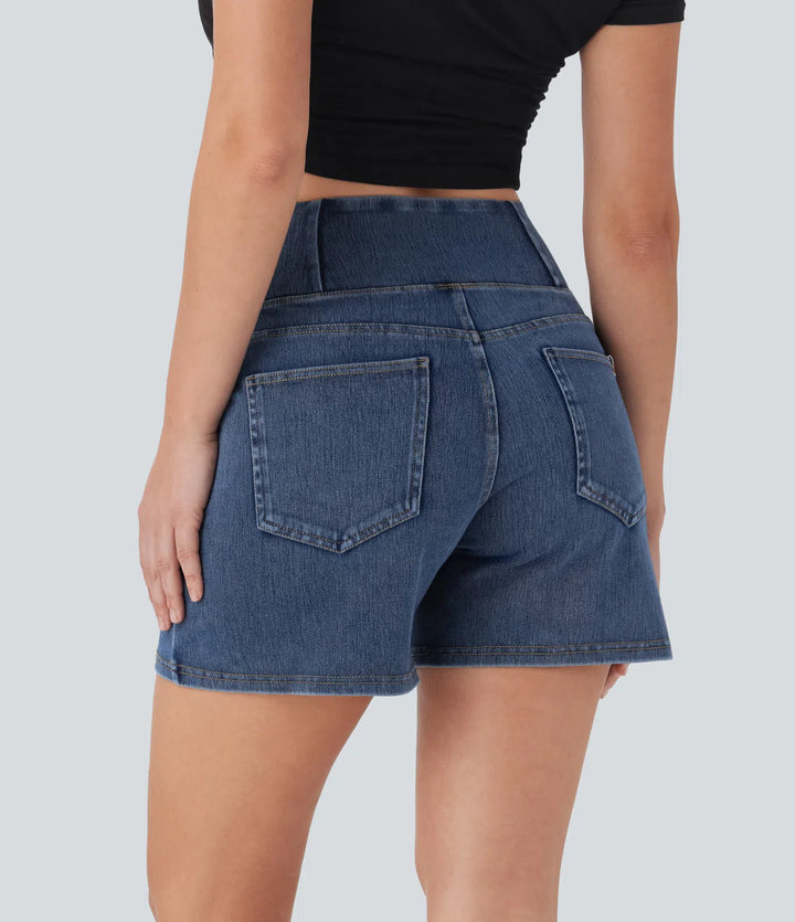 Jean & Marie Short décontracté évasé à jambe large en denim extensible délavé taille haute croisée avec poches multiples