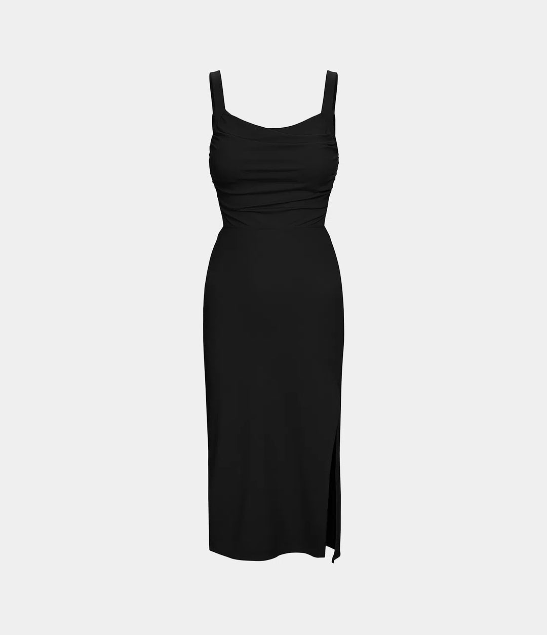 Robe midi casual laquée fendue, brassière intégrée, dos nu croisé