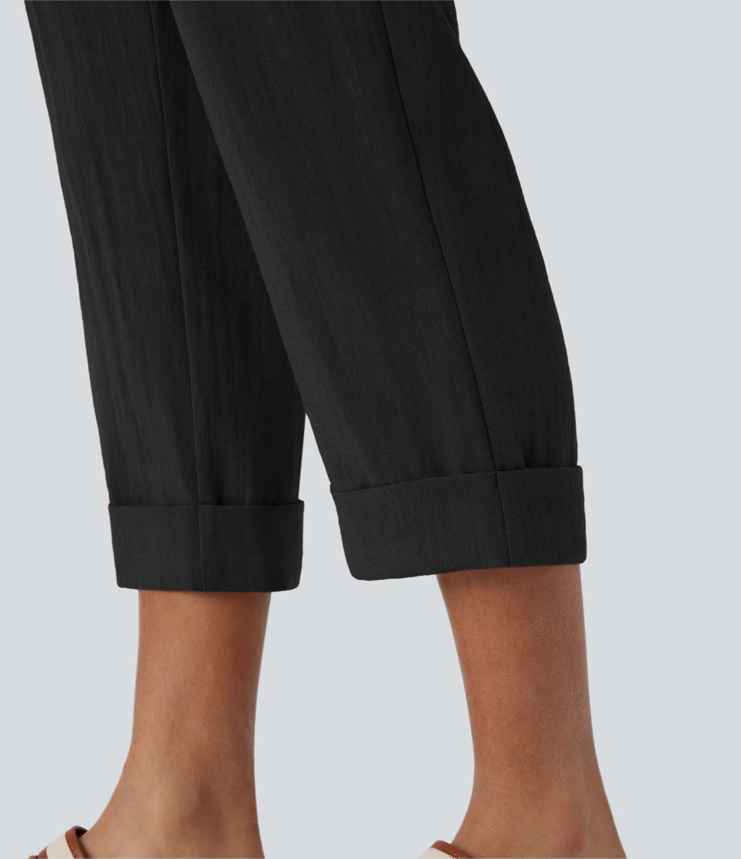 Pantalon capri effet lin taille haute avec poches zippées