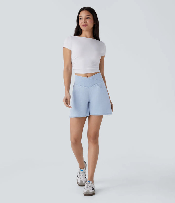 Jean & Marie Short décontracté évasé à jambe large en denim extensible délavé taille haute croisée avec poches multiples
