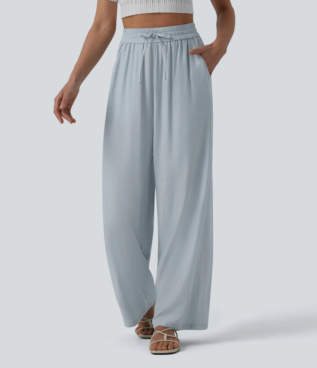 Pantalon casual large mélange lin taille haute avec cordon de serrage et poches