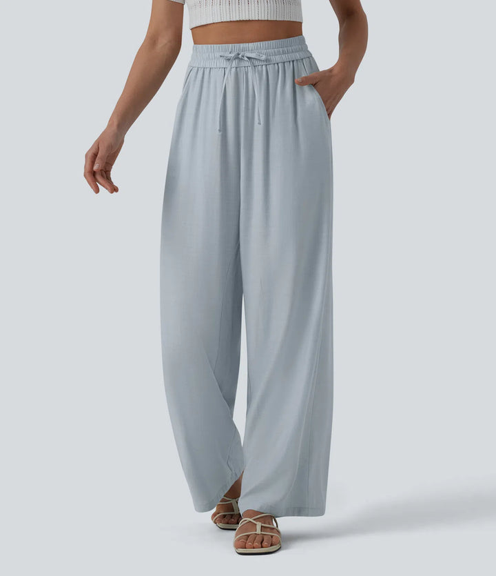 Pantalon casual large mélange lin taille haute avec cordon de serrage et poches