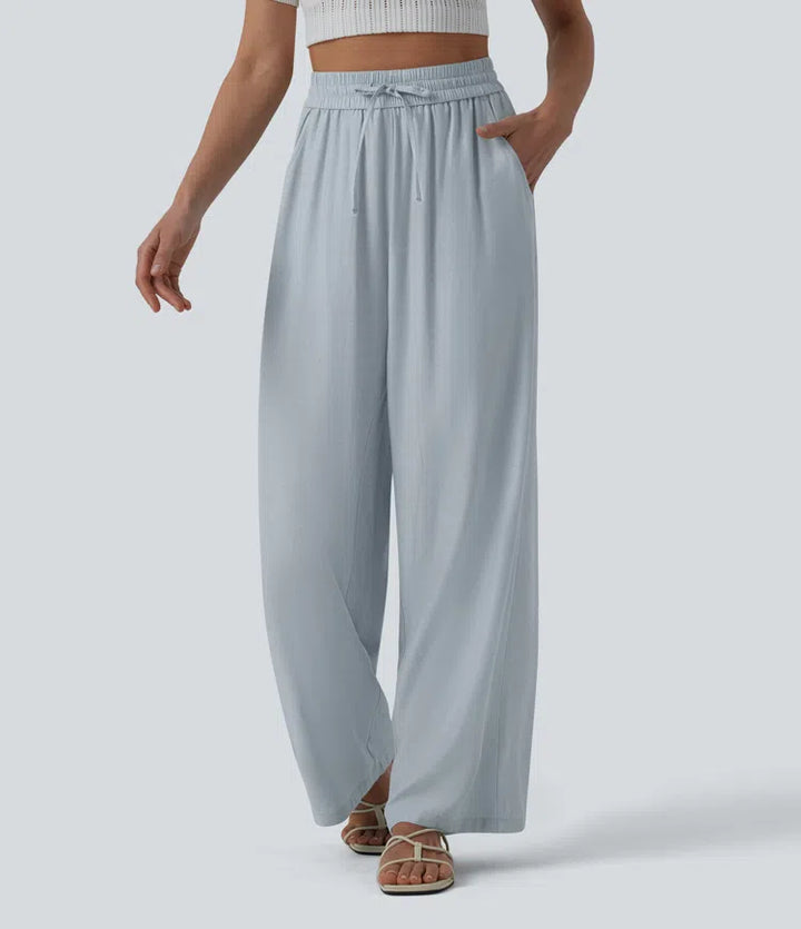 Pantalon casual large mélange lin taille haute avec cordon de serrage et poches
