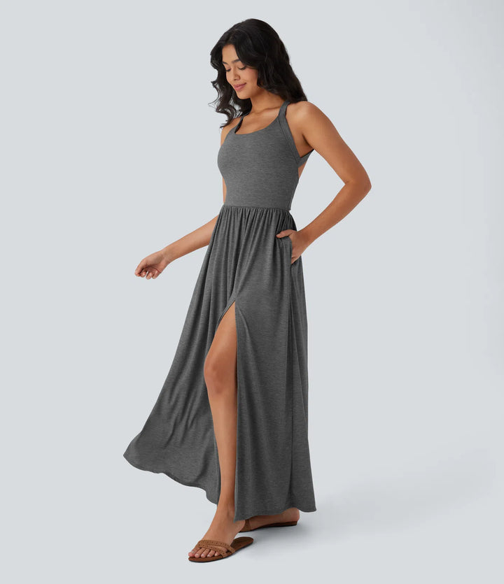 Robe longue fluide fendue avec poches latérales, dos nu et effet torsadé