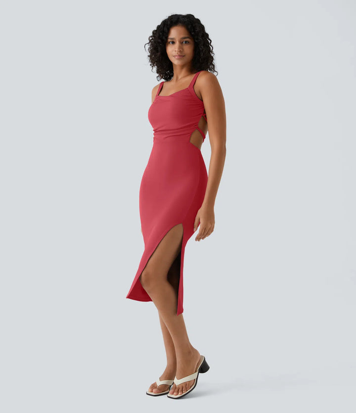 Robe midi casual laquée fendue, brassière intégrée, dos nu croisé