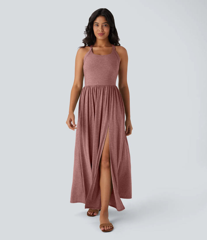 Robe longue fluide fendue avec poches latérales, dos nu et effet torsadé