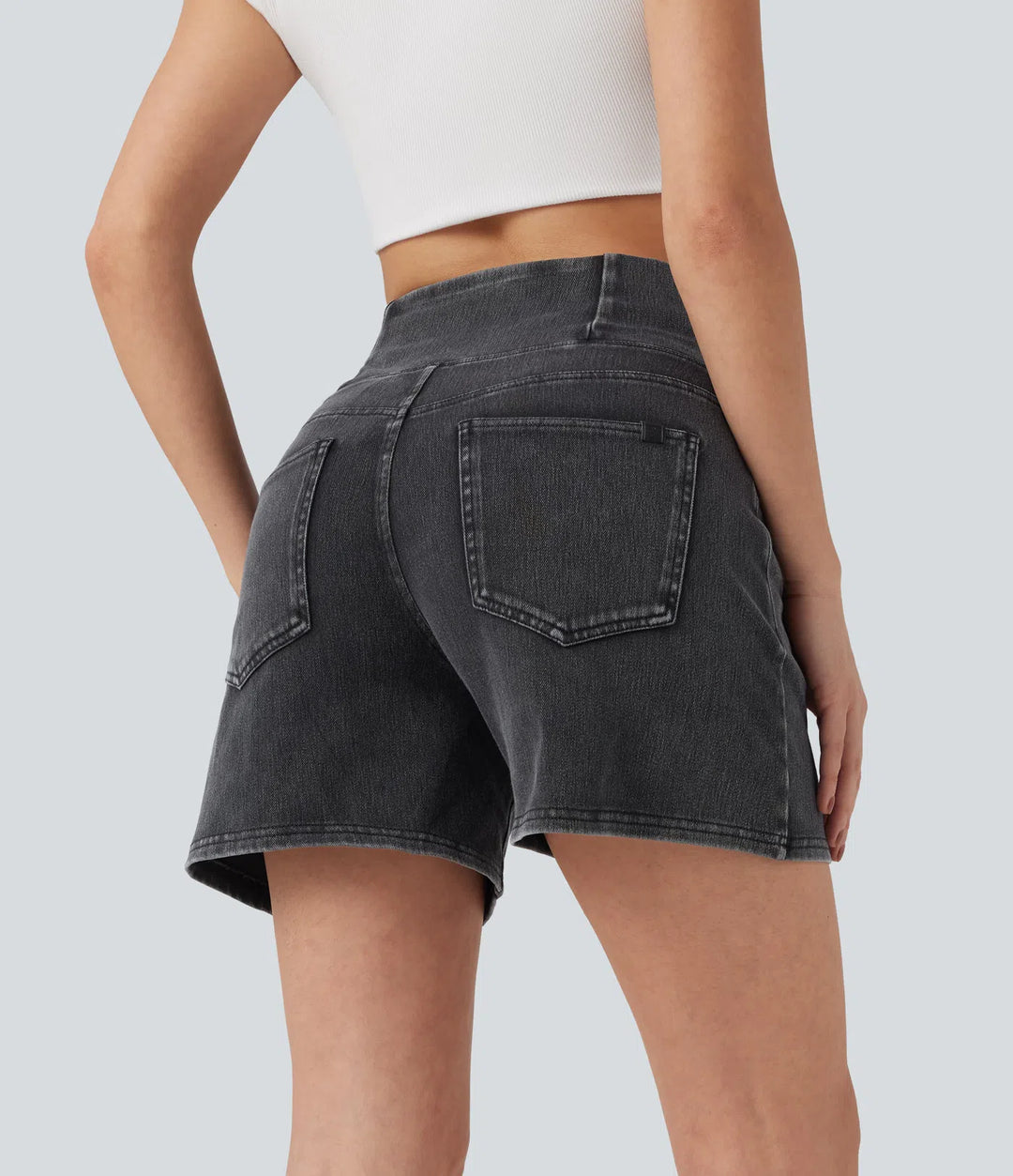 Jean & Marie Short décontracté évasé à jambe large en denim extensible délavé taille haute croisée avec poches multiples