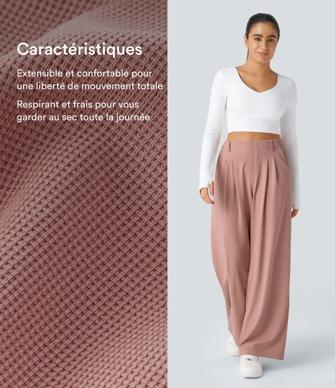 Pantalon fluide à taille haute et jambes larges, en tissu gaufré, avec poches latérales