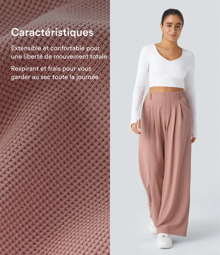 Pantalon fluide à taille haute et jambes larges, en tissu gaufré, avec poches latérales