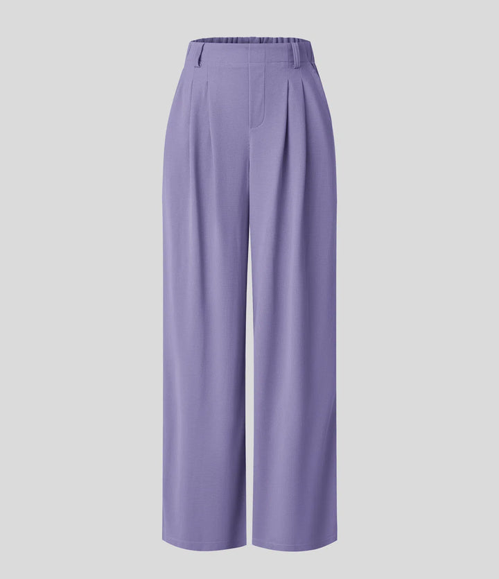 Pantalon fluide à taille haute et jambes larges, en tissu gaufré, avec poches latérales