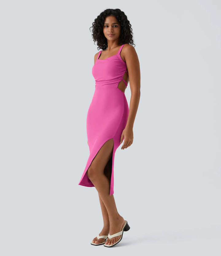Robe midi casual laquée fendue, brassière intégrée, dos nu croisé