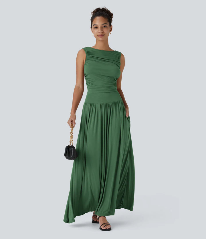 Robe longue décontractée à encolure bateau, bretelles asymétriques, côtés froncés et poches