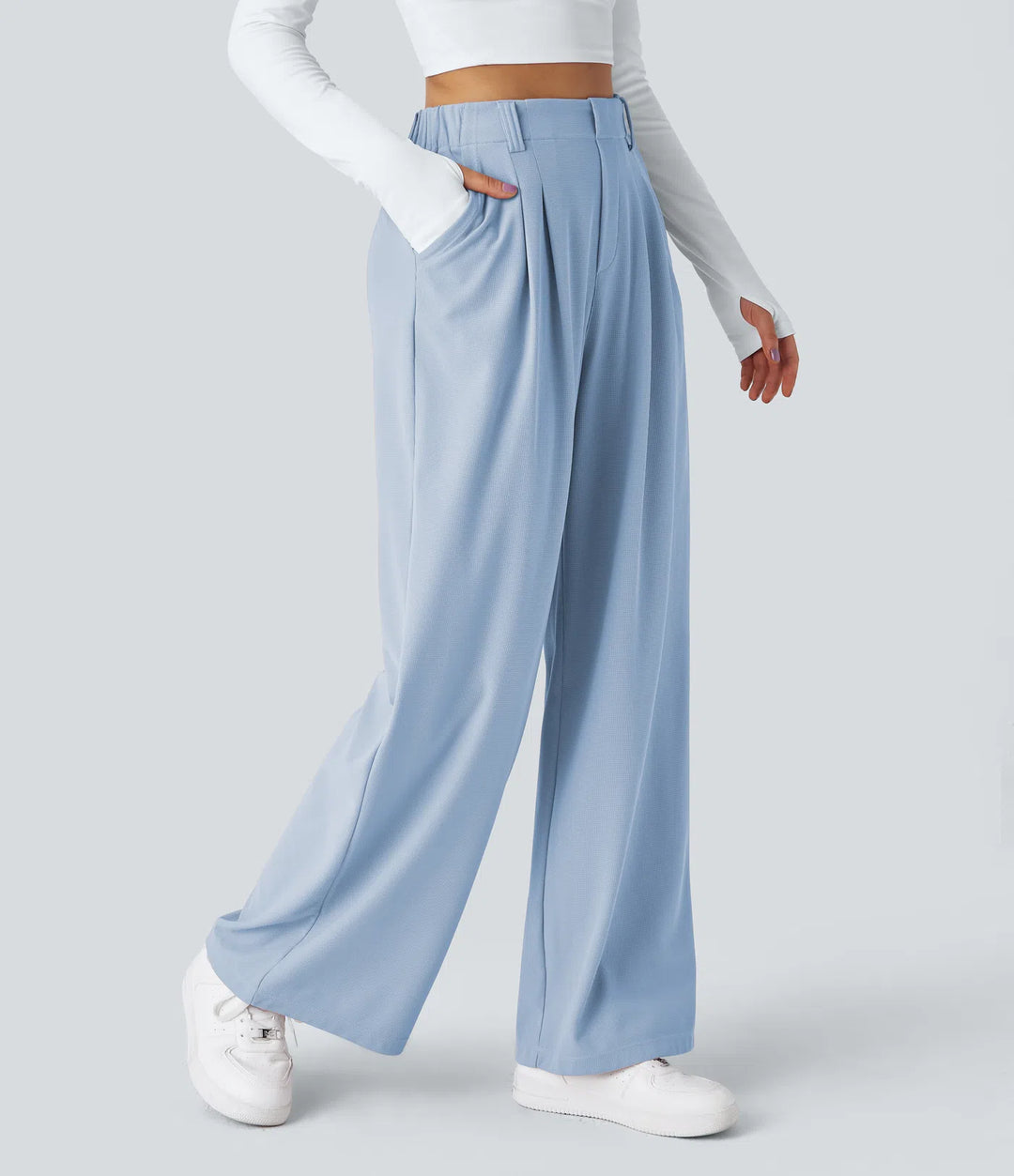 Pantalon Tailleur Large Fluide Gaufré Taille Haute Poches Latérales