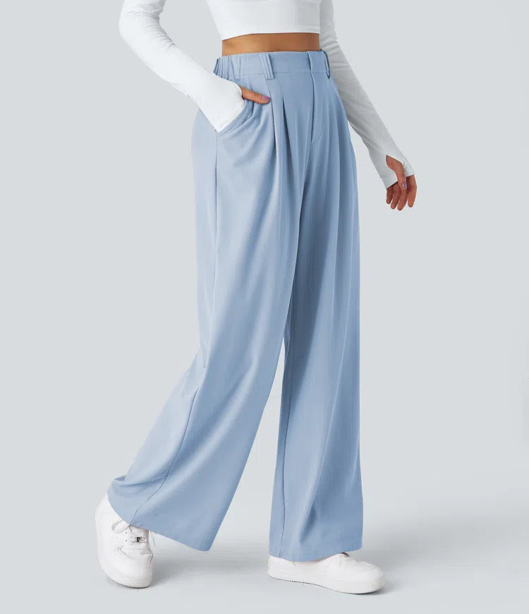Pantalon Tailleur Large Fluide Gaufré Taille Haute Poches Latérales