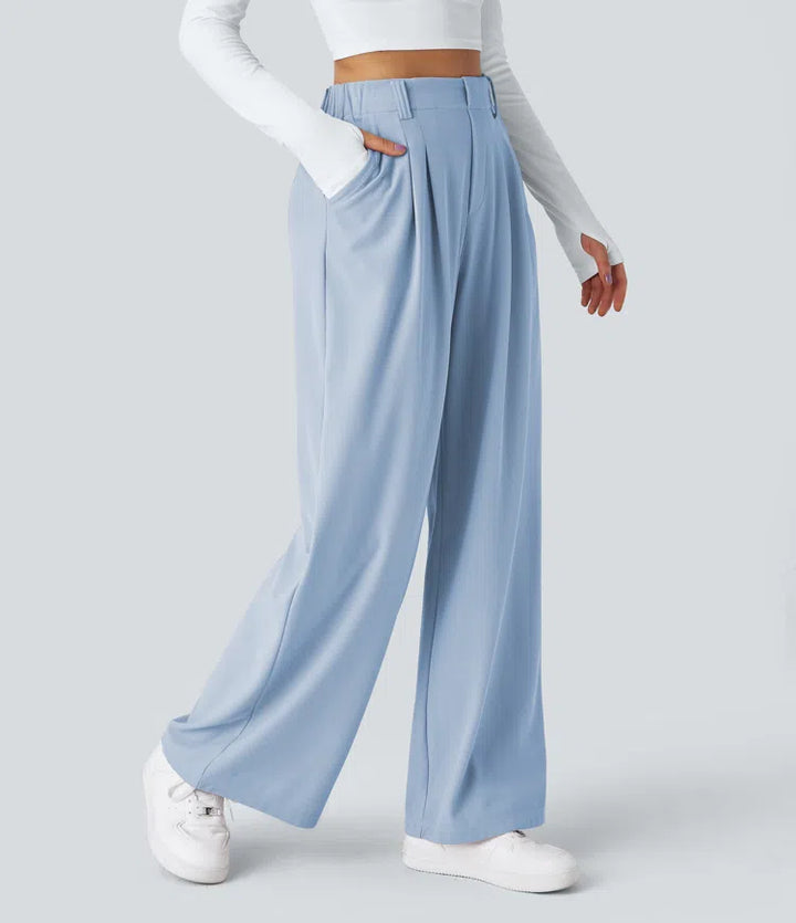 Pantalon Tailleur Large Fluide Gaufré Taille Haute Poches Latérales