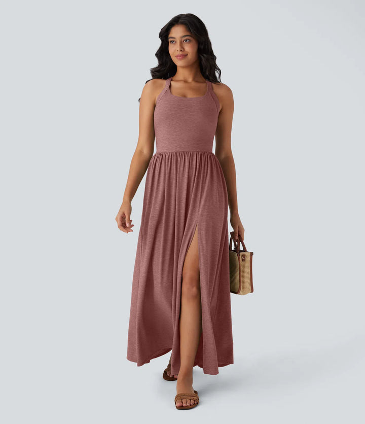 Robe longue fluide fendue avec poches latérales, dos nu et effet torsadé
