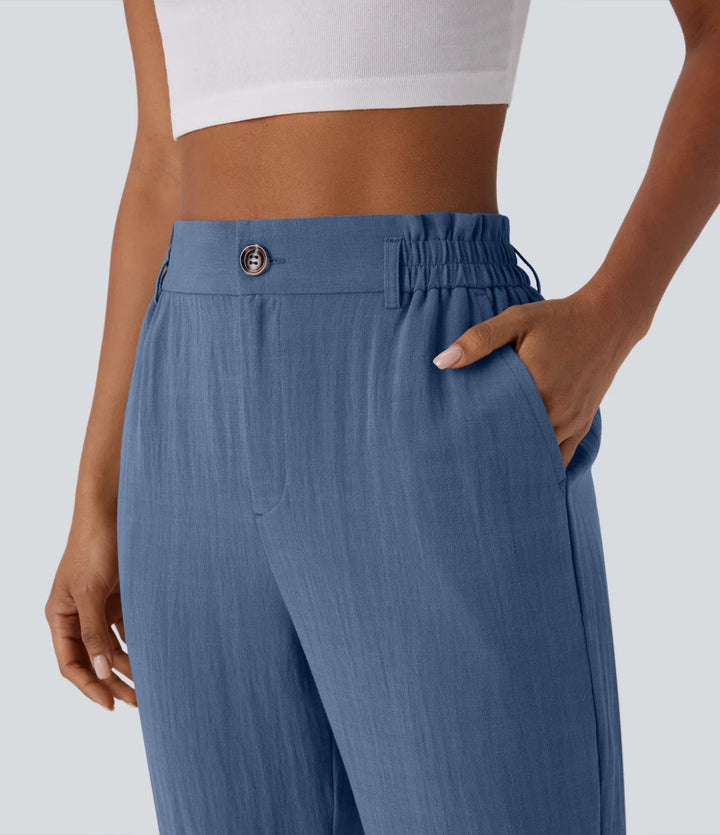 Pantalon capri effet lin taille haute avec poches zippées