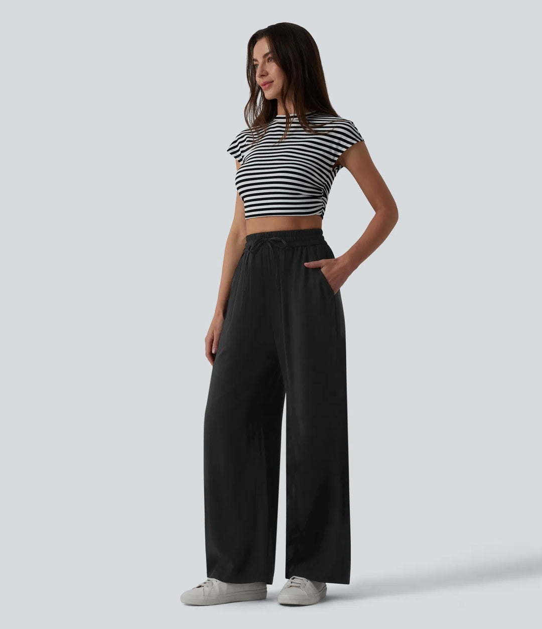 Pantalon casual large mélange lin taille haute avec cordon de serrage et poches