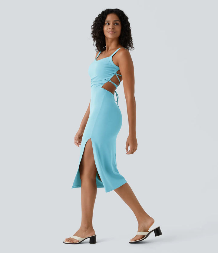 Robe midi casual laquée fendue, brassière intégrée, dos nu croisé