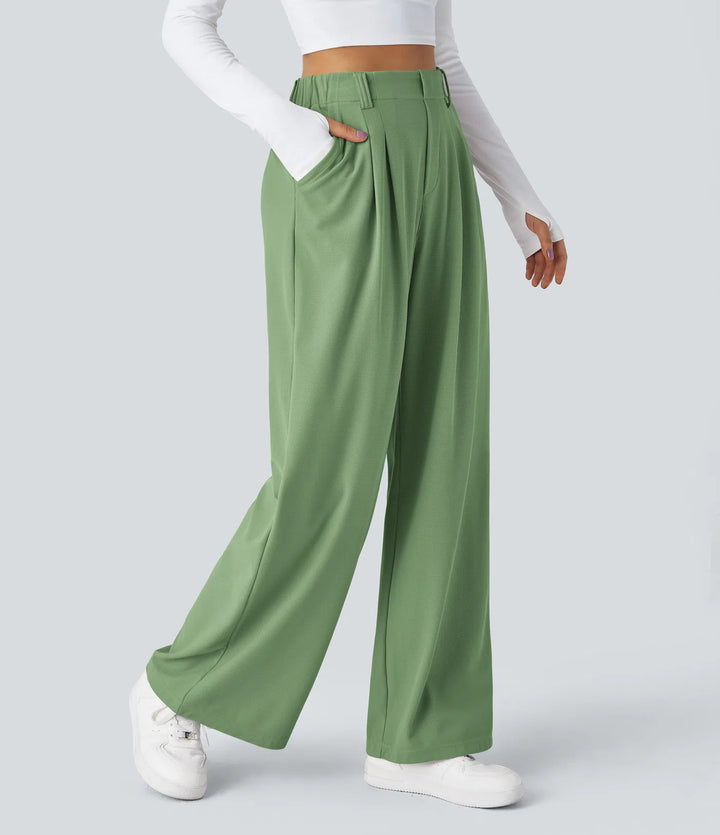 Pantalon fluide à taille haute et jambes larges, en tissu gaufré, avec poches latérales