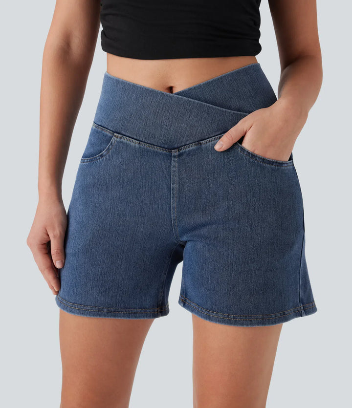 Jean & Marie Short décontracté évasé à jambe large en denim extensible délavé taille haute croisée avec poches multiples