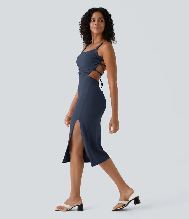 Robe midi casual laquée fendue, brassière intégrée, dos nu croisé