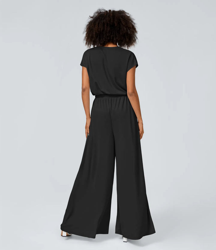 Combinaison Casual Col en V Jambes Large Plissée Manches Courtes Poche Latérale Gaufrée Fluide