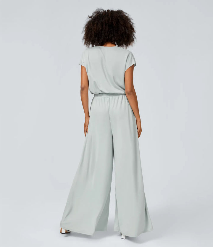 Combinaison Casual Col en V Jambes Large Plissée Manches Courtes Poche Latérale Gaufrée Fluide
