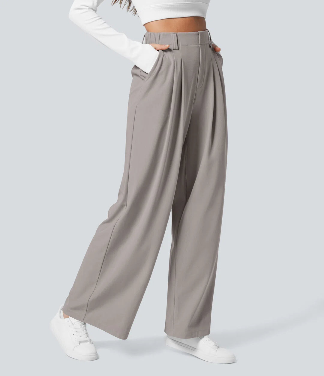 Pantalon fluide à taille haute et jambes larges, en tissu gaufré, avec poches latérales