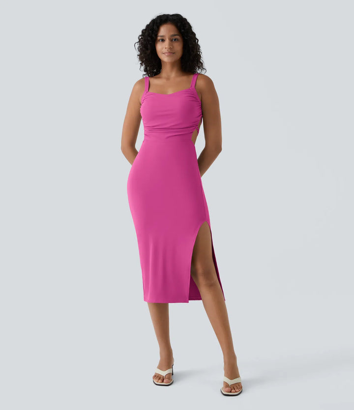 Robe midi casual laquée fendue, brassière intégrée, dos nu croisé