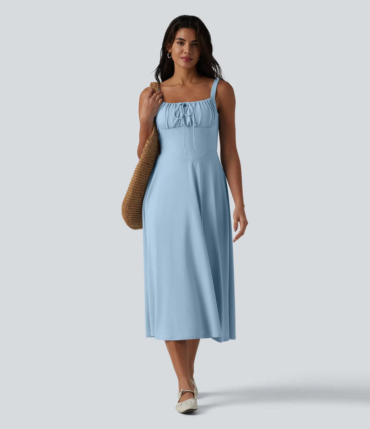Robe fluide midi de villégiature sans manches, encolure carrée, dos nu croisé, fronces et soutien-gorge intégré