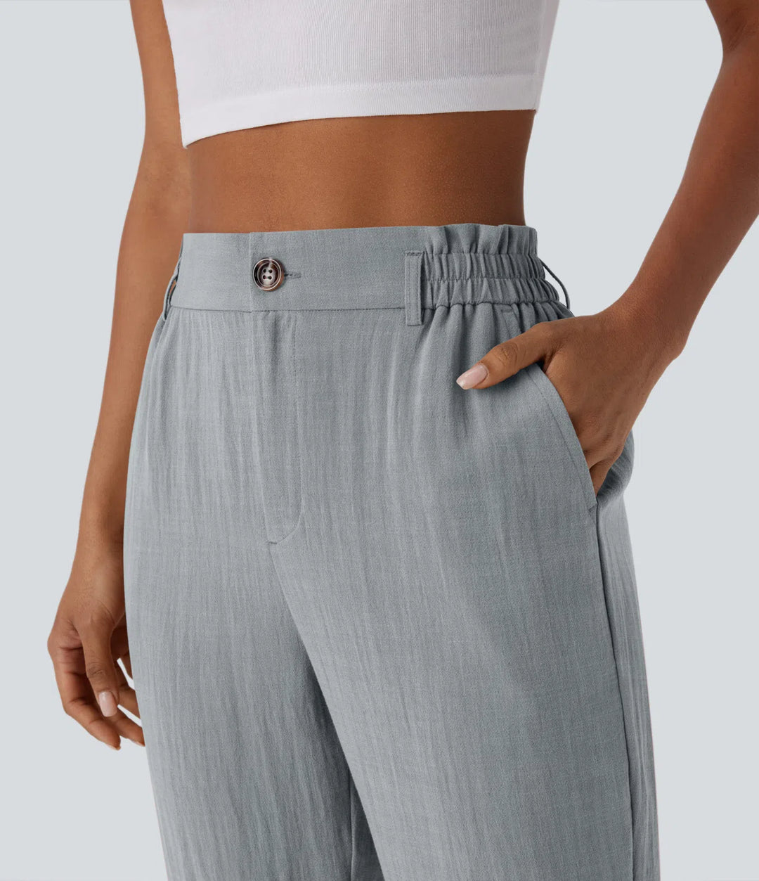 Pantalon capri effet lin taille haute avec poches zippées