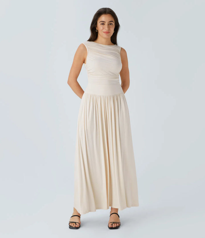 Robe longue décontractée à encolure bateau, bretelles asymétriques, côtés froncés et poches