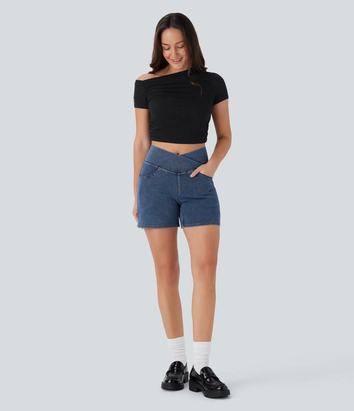 Jean & Marie Short décontracté évasé à jambe large en denim extensible délavé taille haute croisée avec poches multiples