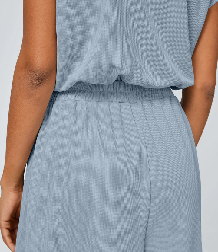 Combinaison Casual Col en V Jambes Large Plissée Manches Courtes Poche Latérale Gaufrée Fluide