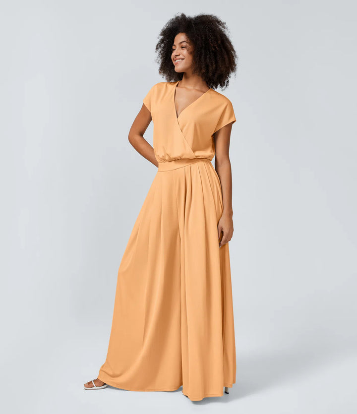 Combinaison Casual Col en V Jambes Large Plissée Manches Courtes Poche Latérale Gaufrée Fluide