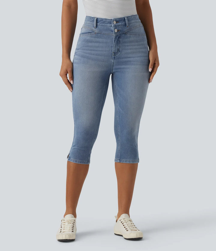 Jean slim casual capri taille haute avec fentes et poches